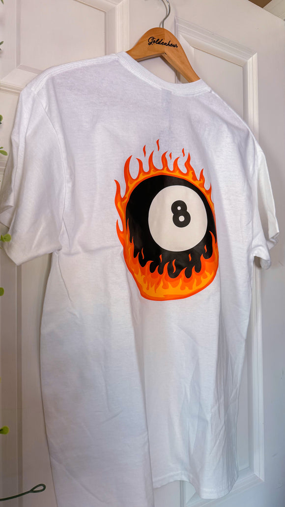 T-SHIRT - FLAMING 8 BALL IN WHITE