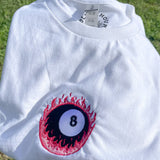 T-SHIRT - PINK FLAMING 8 BALL IN WHITE