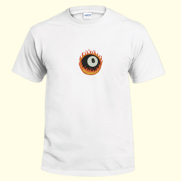 T-SHIRT - FLAMING 8 BALL IN WHITE